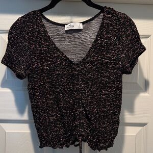 Hollister Black and Pink Floral Ruched Textured Crop Top